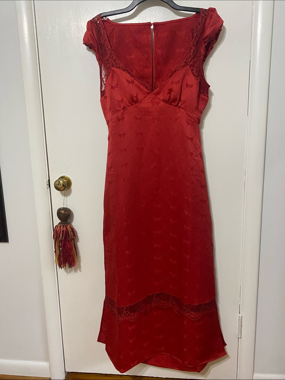 Free People Red Bow Detail Lace-Trim Maxi Dress